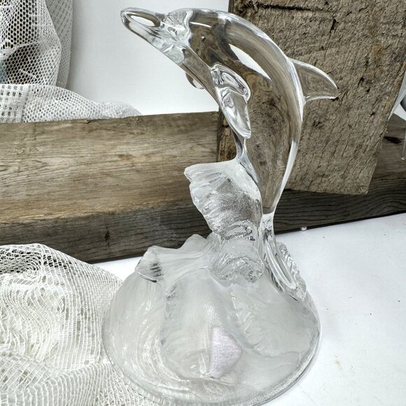 Clear Glass Dolphin Figurine Leaping Over Frosted Waves - Picture 7 of 9